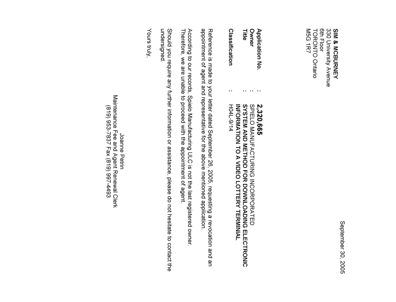 Document de brevet canadien 2320665. Correspondance 20050930. Image 1 de 1
