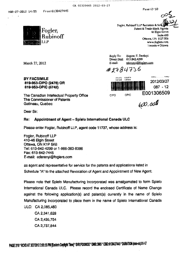 Document de brevet canadien 2320665. Correspondance 20120327. Image 1 de 4