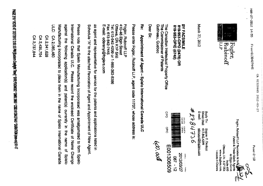 Canadian Patent Document 2320665. Correspondence 20120327. Image 1 of 4