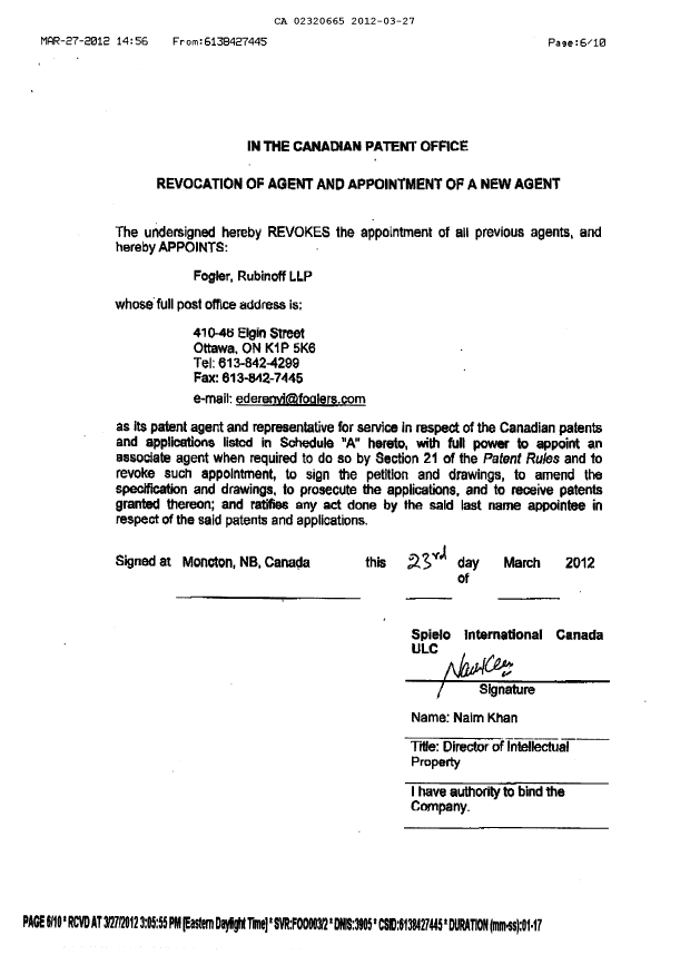 Document de brevet canadien 2320665. Correspondance 20120327. Image 3 de 4