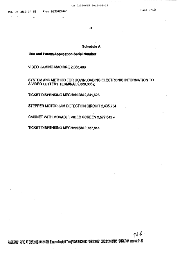 Document de brevet canadien 2320665. Correspondance 20120327. Image 4 de 4