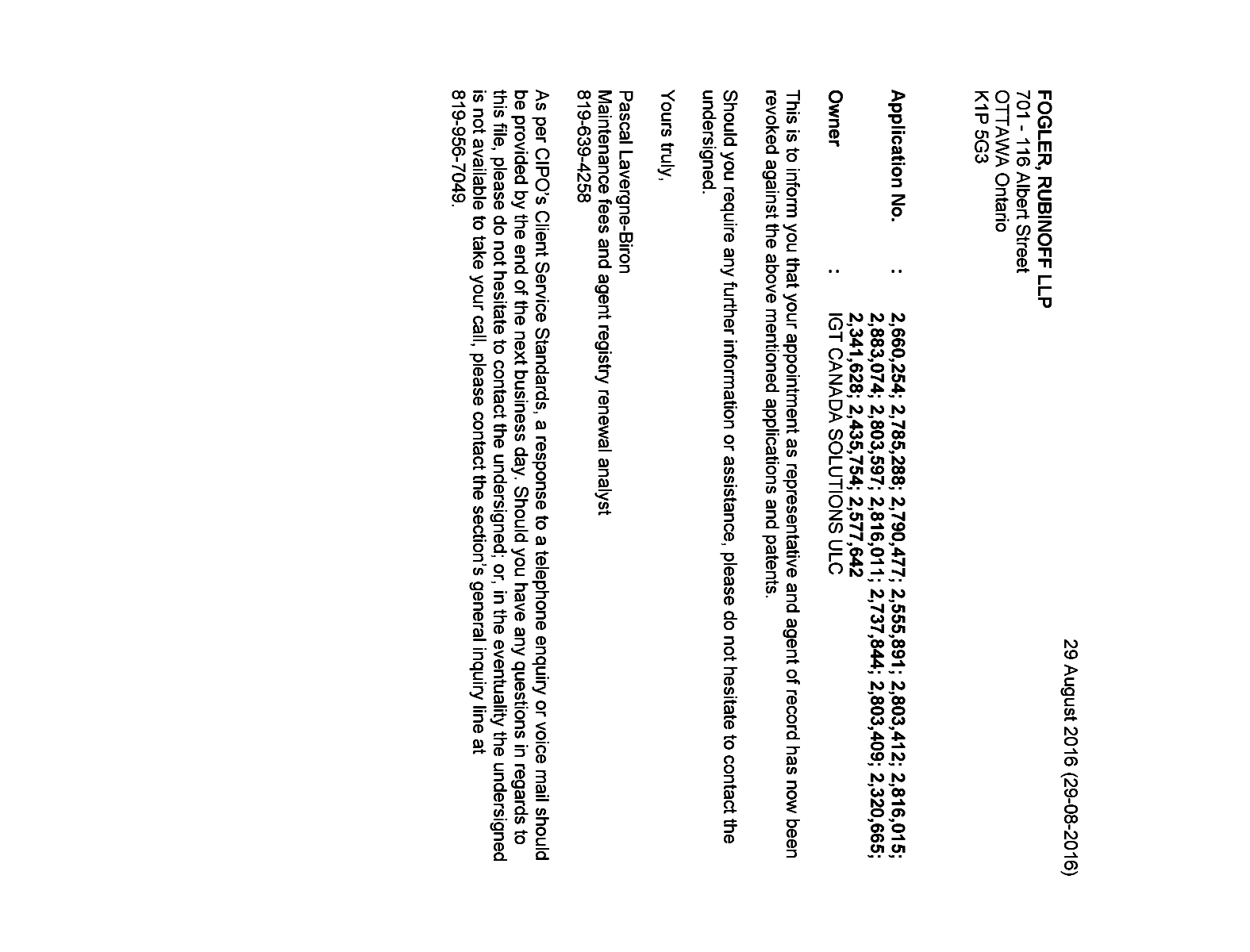 Document de brevet canadien 2320665. Lettre du bureau 20160829. Image 1 de 1