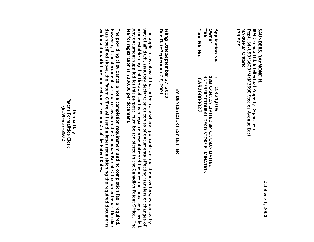 Canadian Patent Document 2321016. Correspondence 20001030. Image 1 of 1