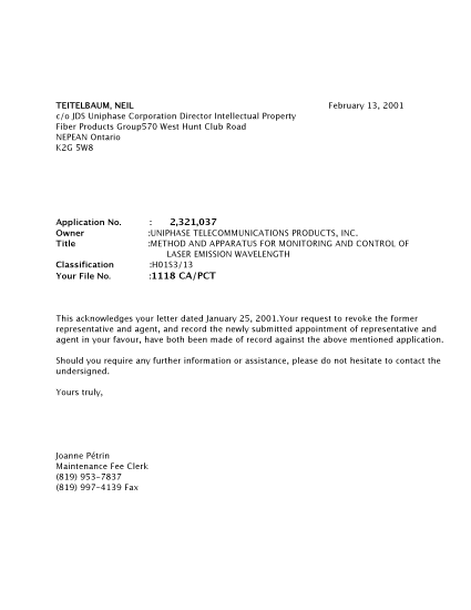 Canadian Patent Document 2321037. Correspondence 20010213. Image 1 of 1