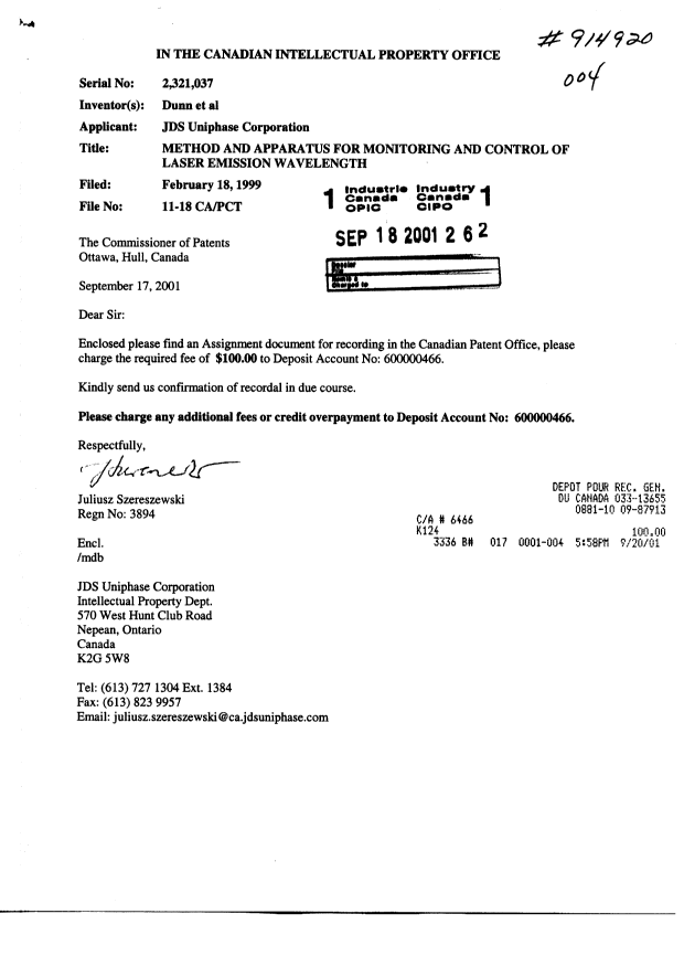 Document de brevet canadien 2321037. Cession 20010918. Image 1 de 2