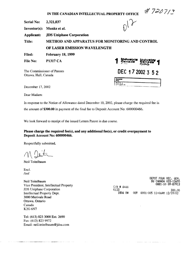 Canadian Patent Document 2321037. Correspondence 20021217. Image 1 of 1