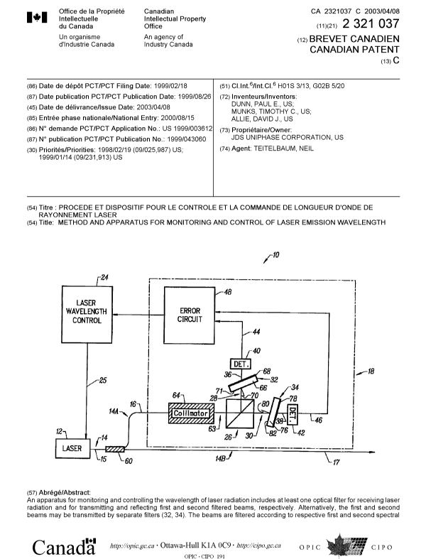 Canadian Patent Document 2321037. Cover Page 20030305. Image 1 of 2