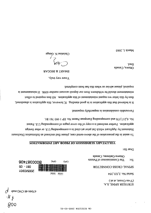 Canadian Patent Document 2321354. Prosecution-Amendment 20050301. Image 1 of 1