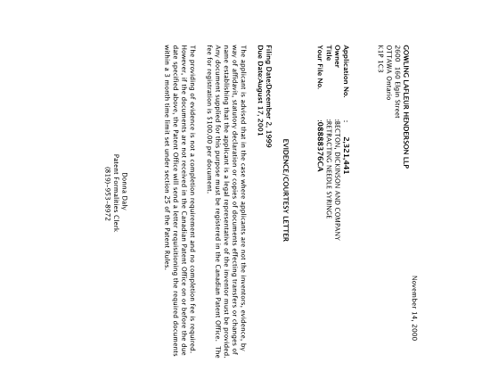 Document de brevet canadien 2321441. Correspondance 20001107. Image 1 de 1