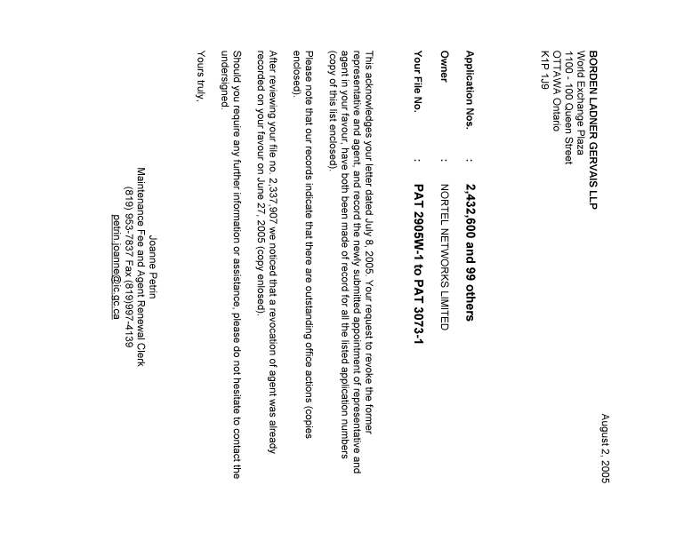 Document de brevet canadien 2321472. Correspondance 20050802. Image 1 de 1
