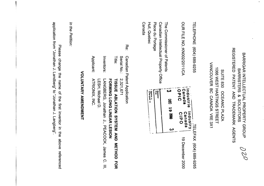 Document de brevet canadien 2321671. Correspondance 20001219. Image 1 de 2