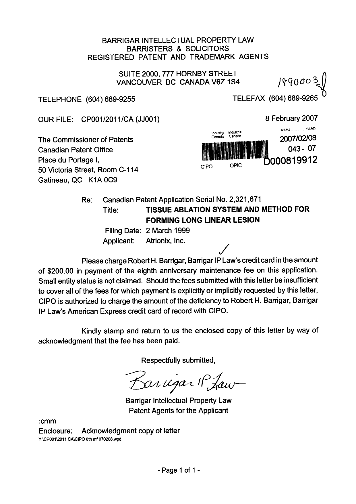 Document de brevet canadien 2321671. Taxes 20070208. Image 1 de 1