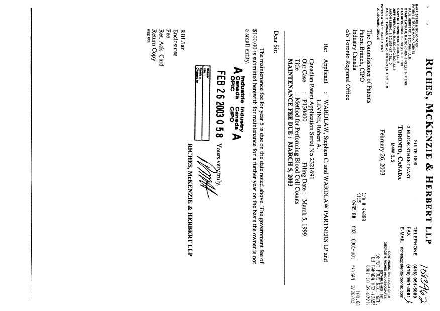 Document de brevet canadien 2321691. Taxes 20021226. Image 1 de 1