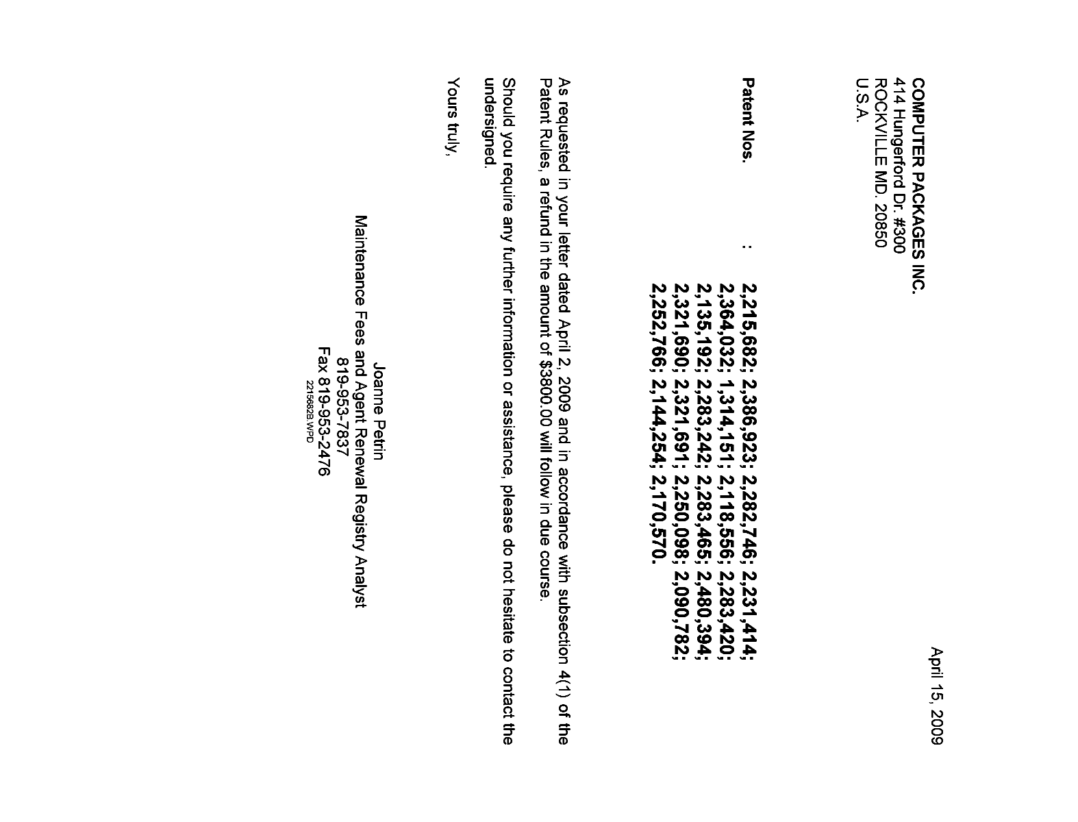 Canadian Patent Document 2321691. Correspondence 20081215. Image 1 of 1
