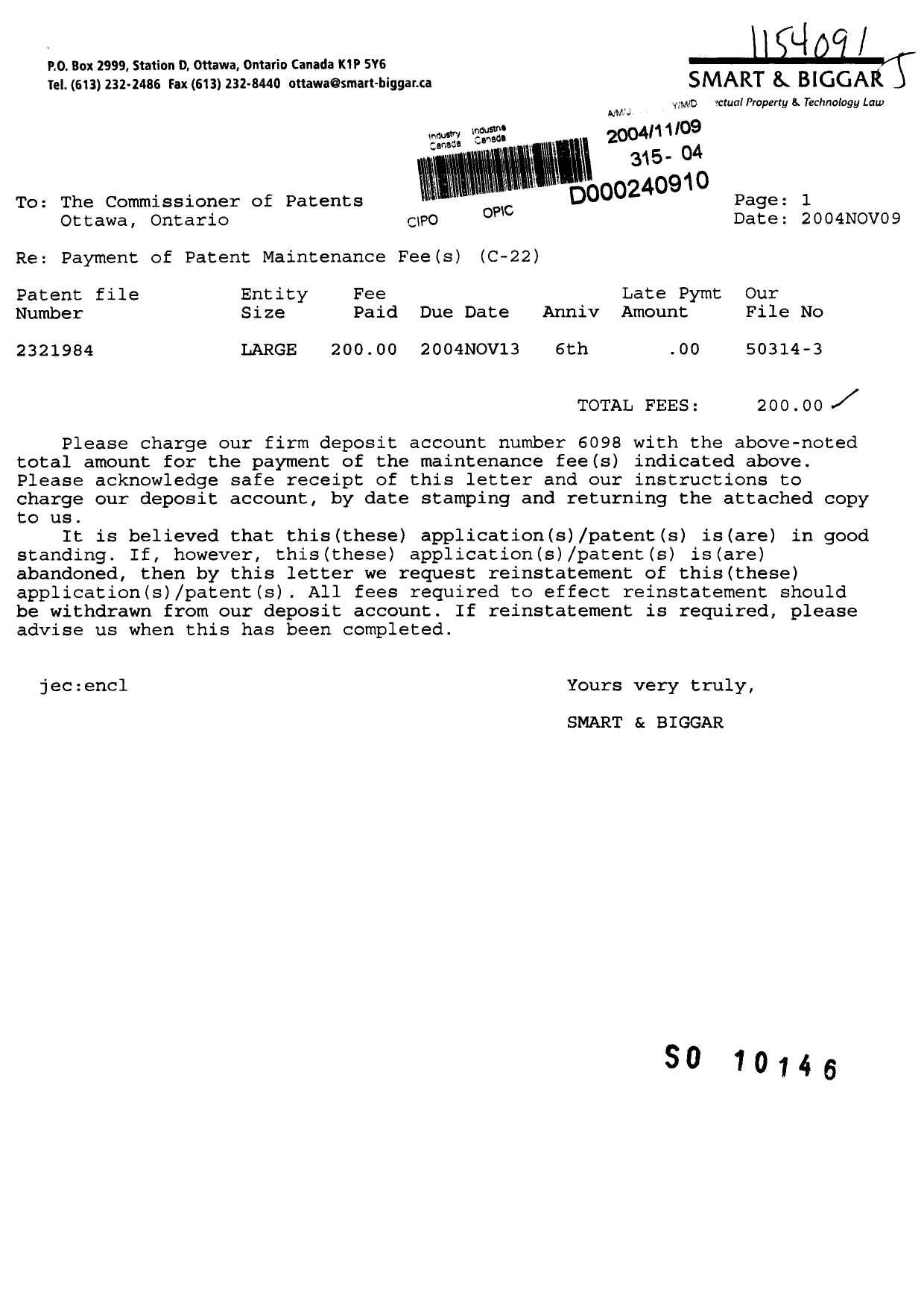 Canadian Patent Document 2321984. Fees 20041109. Image 1 of 1