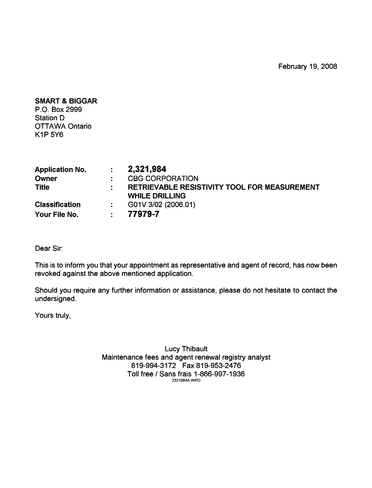 Document de brevet canadien 2321984. Correspondance 20080219. Image 1 de 1