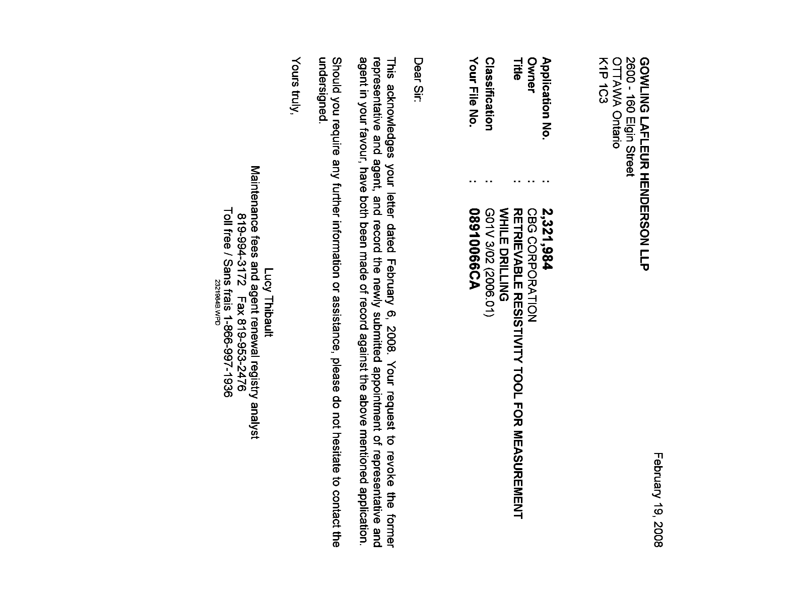 Canadian Patent Document 2321984. Correspondence 20080219. Image 1 of 1