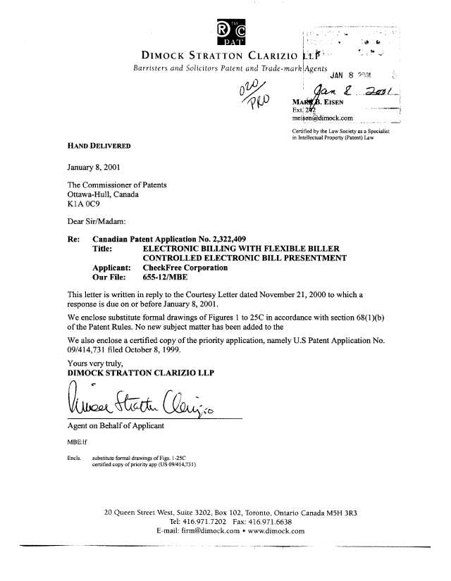 Canadian Patent Document 2322409. Prosecution Correspondence 20000108. Image 1 of 1