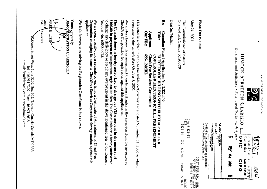Document de brevet canadien 2322409. Cession 20010524. Image 1 de 3