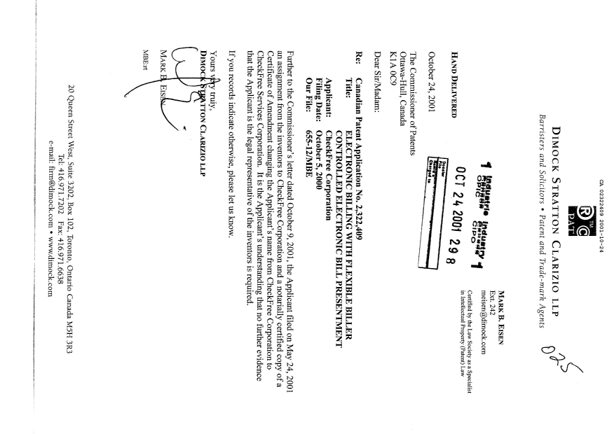Document de brevet canadien 2322409. Cession 20011024. Image 1 de 1