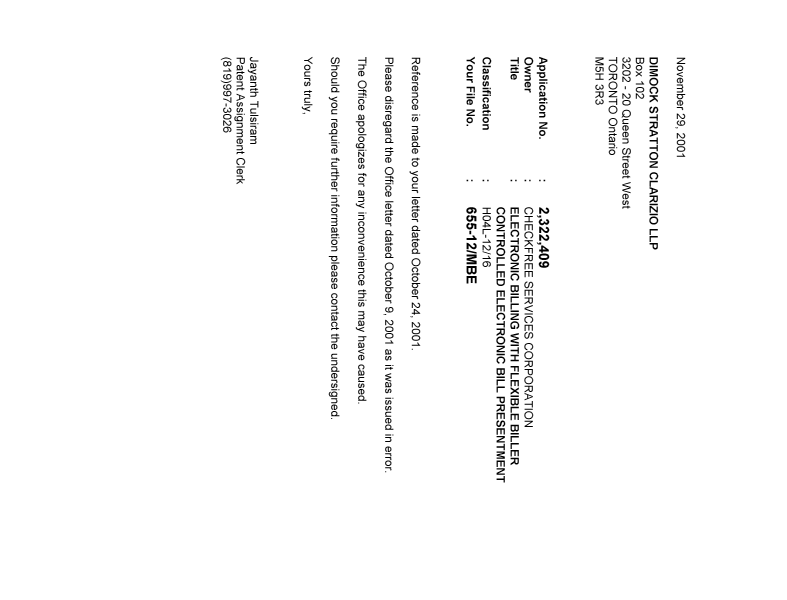 Document de brevet canadien 2322409. Correspondance 20011129. Image 1 de 1
