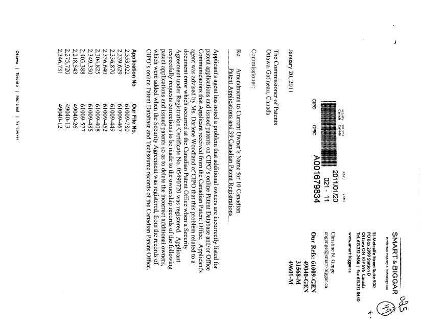 Document de brevet canadien 2322538. Cession 20110120. Image 1 de 3
