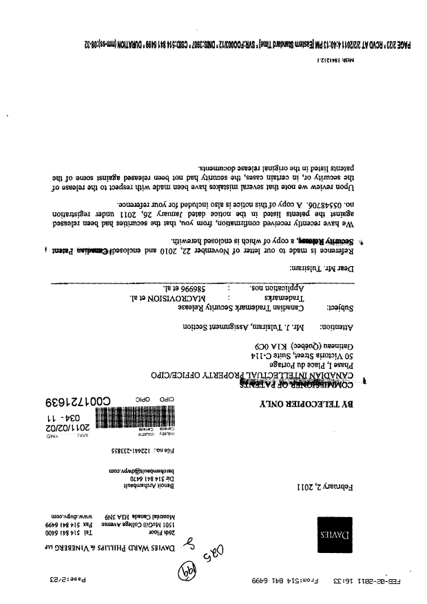 Canadian Patent Document 2322538. Assignment 20110202. Image 1 of 23