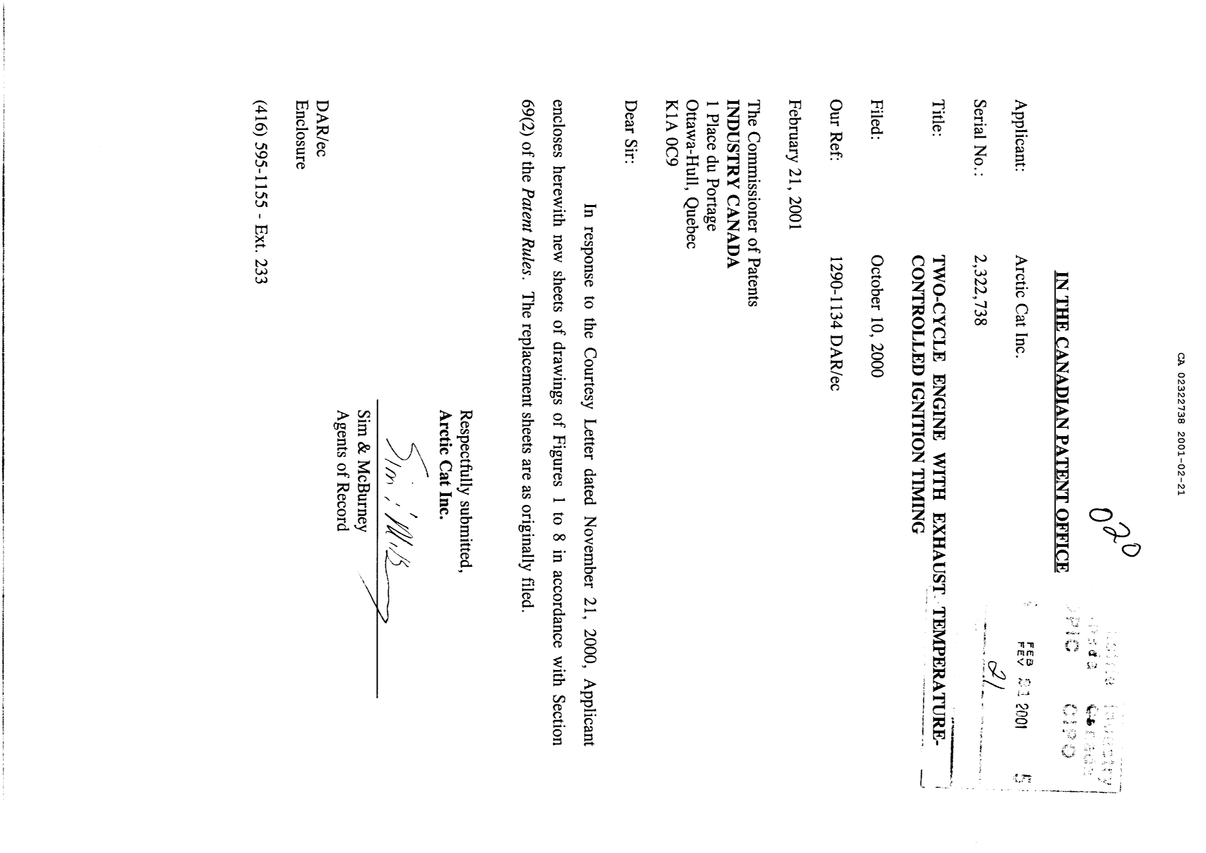 Canadian Patent Document 2322738. Prosecution-Amendment 20010221. Image 1 of 6