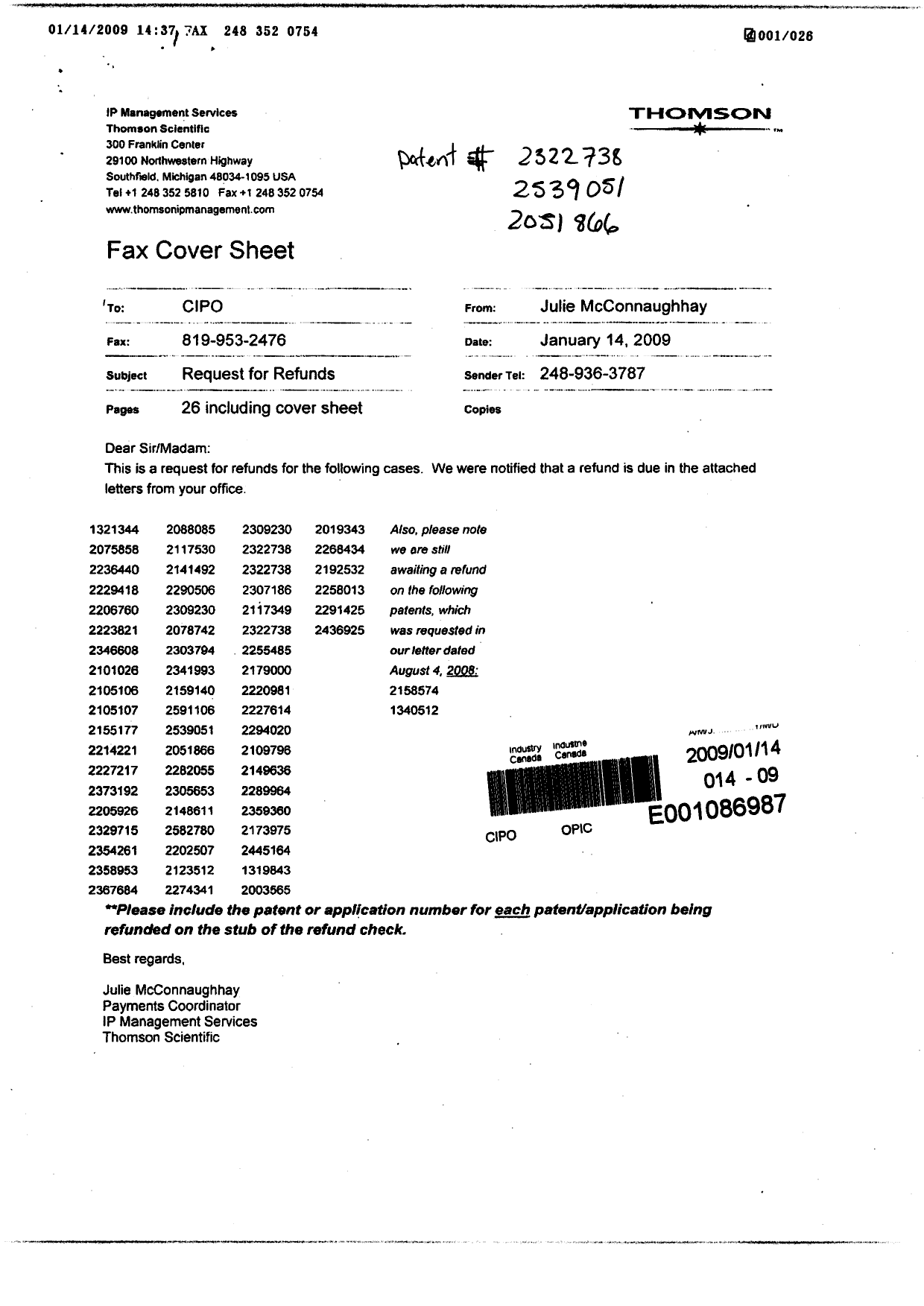 Canadian Patent Document 2322738. Correspondence 20090114. Image 1 of 1
