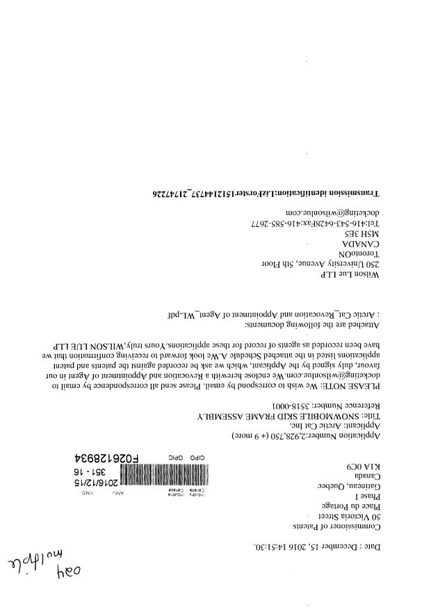 Document de brevet canadien 2322738. Correspondance 20161215. Image 1 de 3