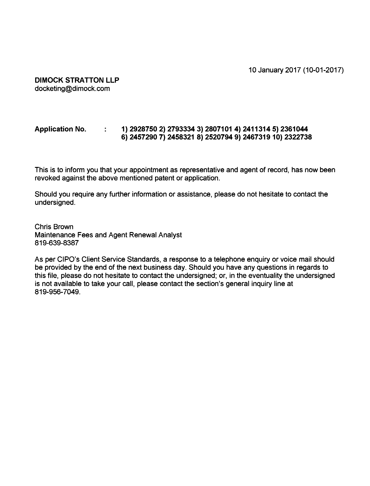 Document de brevet canadien 2322738. Lettre du bureau 20170110. Image 1 de 1