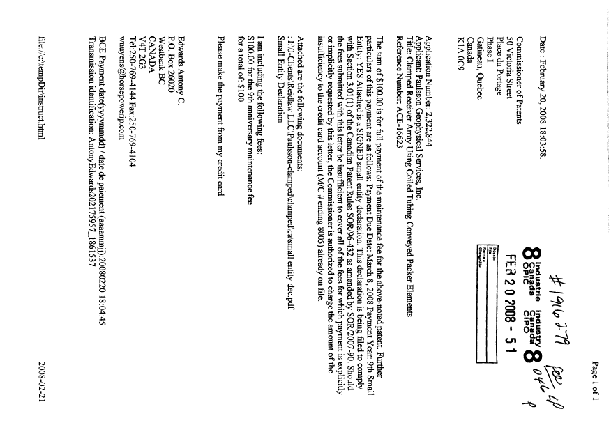 Document de brevet canadien 2322844. Taxes 20080220. Image 1 de 2