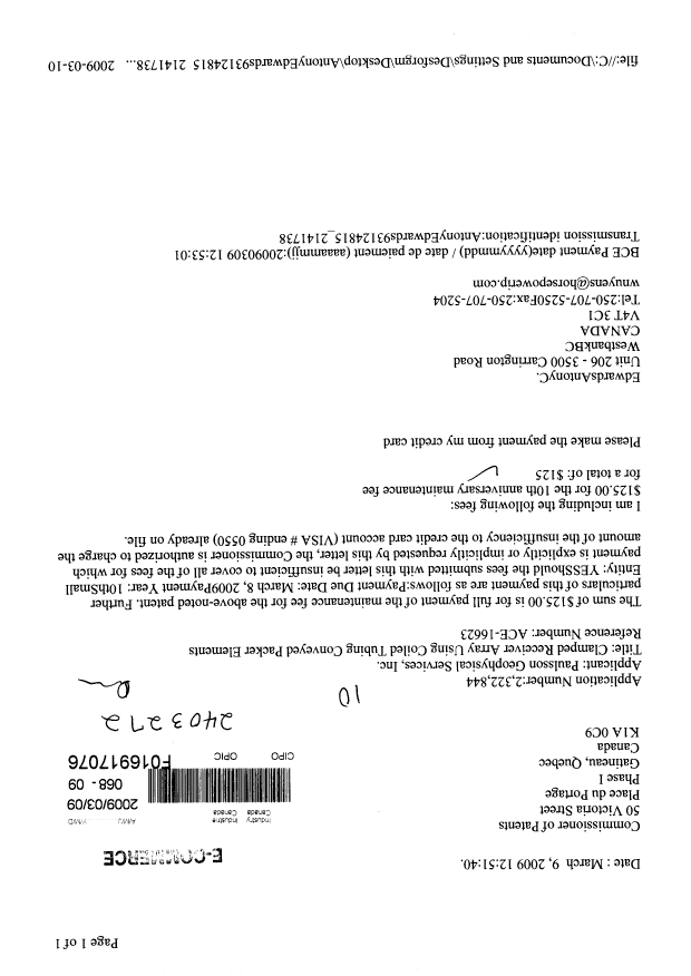 Canadian Patent Document 2322844. Fees 20090309. Image 1 of 1