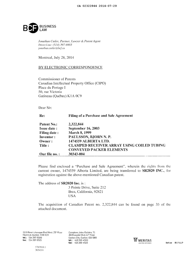 Document de brevet canadien 2322844. Cession 20140729. Image 2 de 42