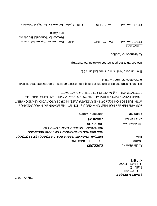 Document de brevet canadien 2322909. Poursuite-Amendment 20050527. Image 1 de 3