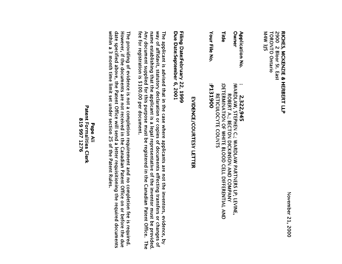 Canadian Patent Document 2322945. Correspondence 20001120. Image 1 of 1