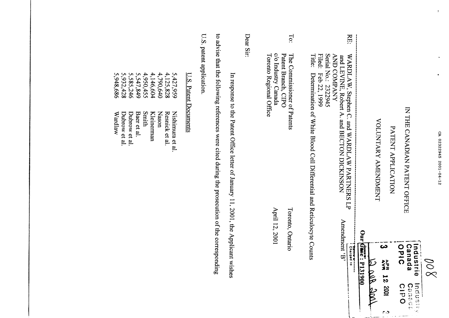 Canadian Patent Document 2322945. Prosecution-Amendment 20010412. Image 1 of 2