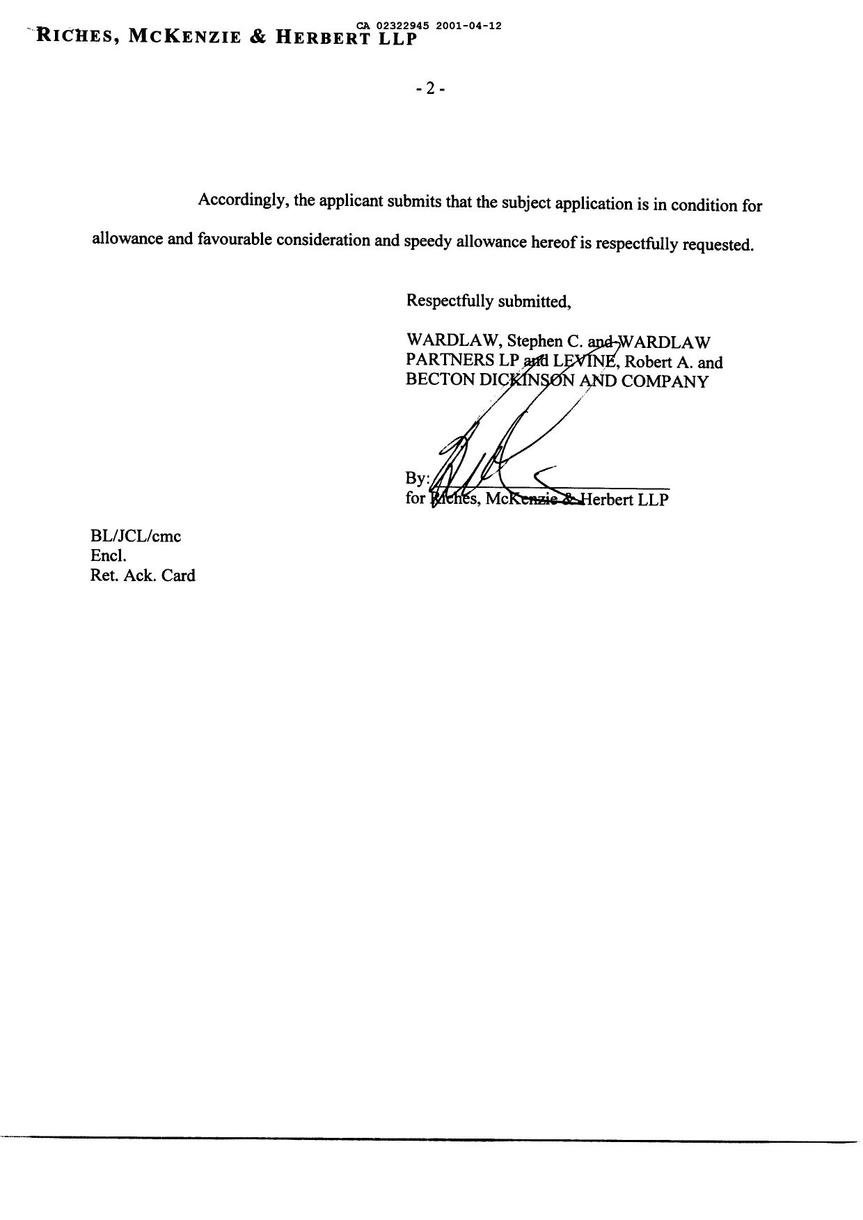 Canadian Patent Document 2322945. Prosecution-Amendment 20010412. Image 2 of 2