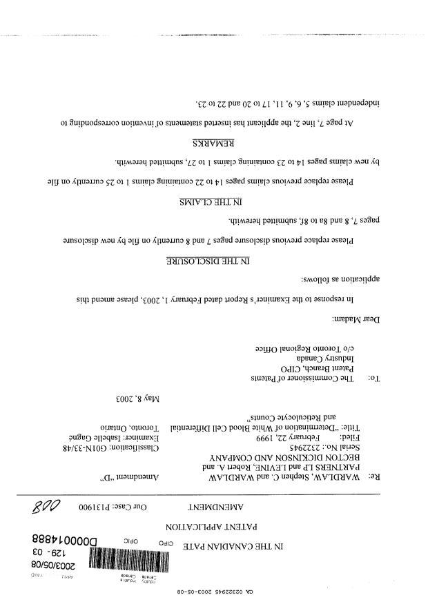 Canadian Patent Document 2322945. Prosecution-Amendment 20030508. Image 1 of 22