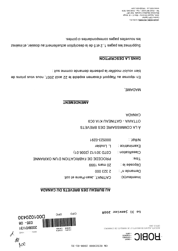 Canadian Patent Document 2323000. Prosecution-Amendment 20080131. Image 1 of 15