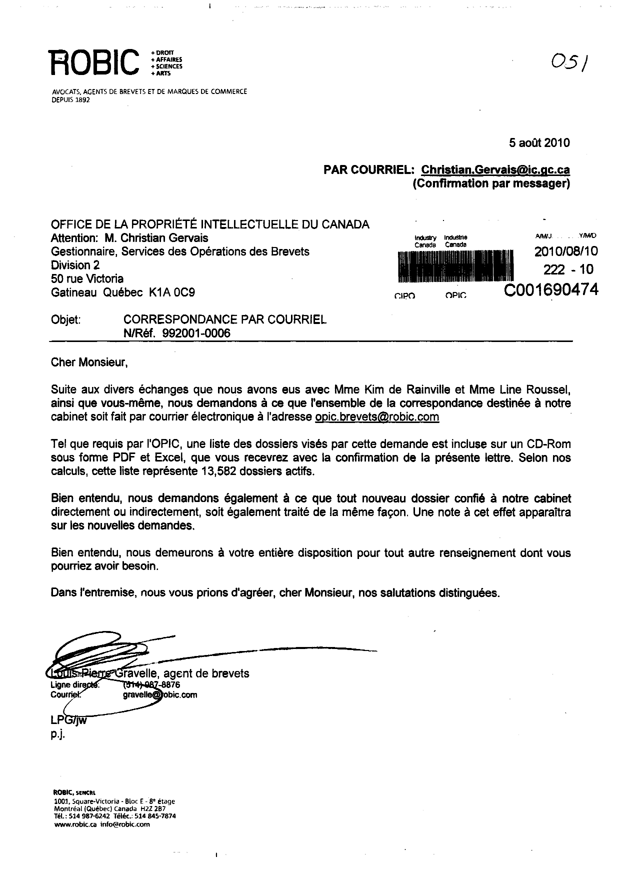 Document de brevet canadien 2323000. Correspondance 20100810. Image 1 de 1