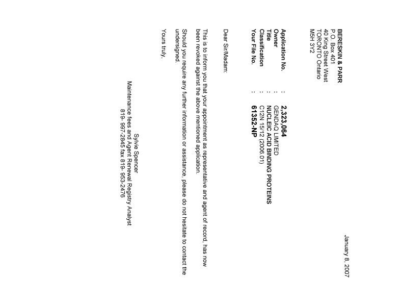 Document de brevet canadien 2323064. Correspondance 20070108. Image 1 de 1