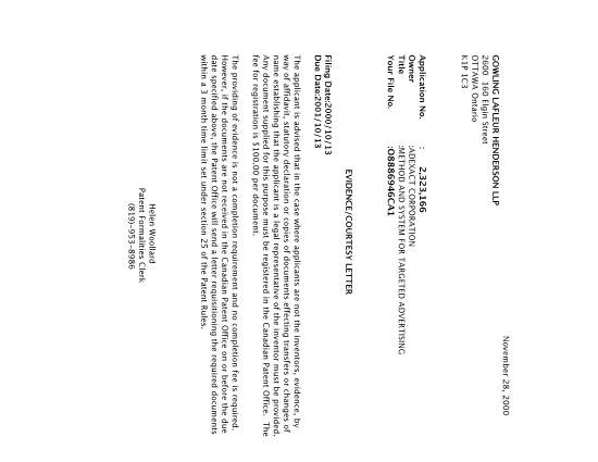 Document de brevet canadien 2323166. Correspondance 20001122. Image 1 de 1