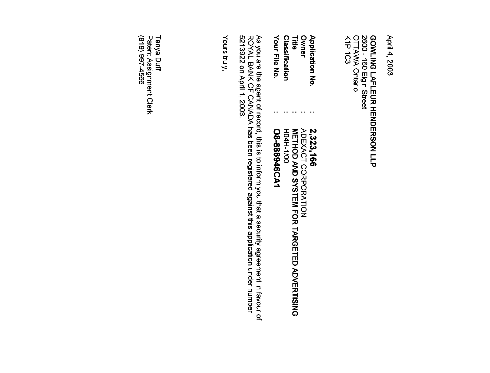 Canadian Patent Document 2323166. Correspondence 20030404. Image 1 of 1