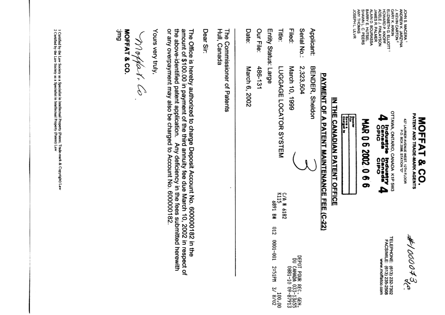 Document de brevet canadien 2323504. Taxes 20011206. Image 1 de 1