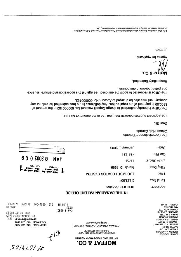 Document de brevet canadien 2323504. Correspondance 20021208. Image 1 de 1