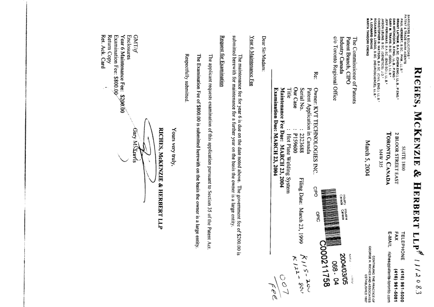 Document de brevet canadien 2323688. Taxes 20040305. Image 1 de 1