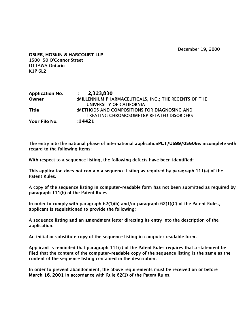 Document de brevet canadien 2323830. Correspondance 20001213. Image 1 de 2