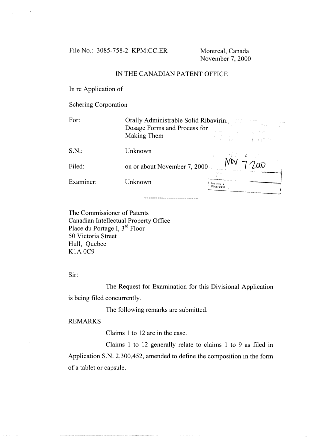 Canadian Patent Document 2323849. Prosecution-Amendment 20001107. Image 1 of 2