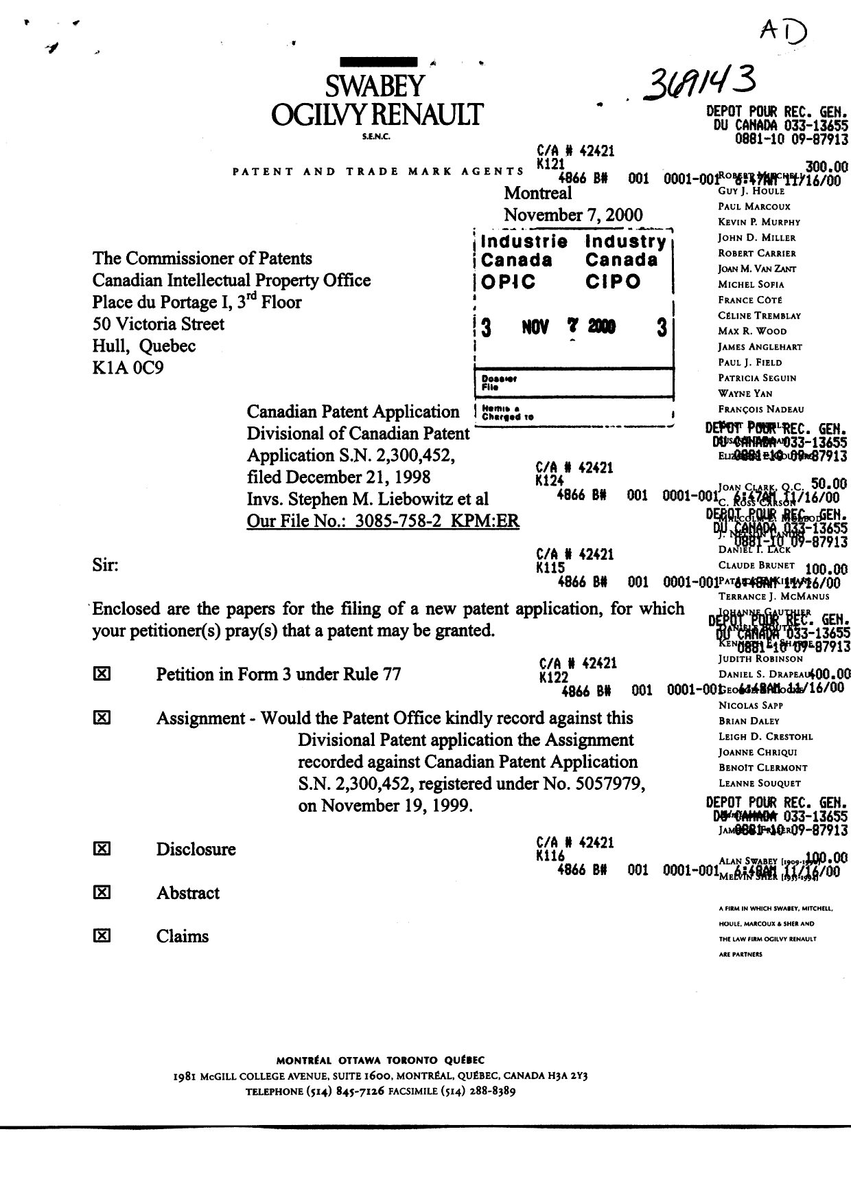 Canadian Patent Document 2323849. Assignment 20001107. Image 1 of 6